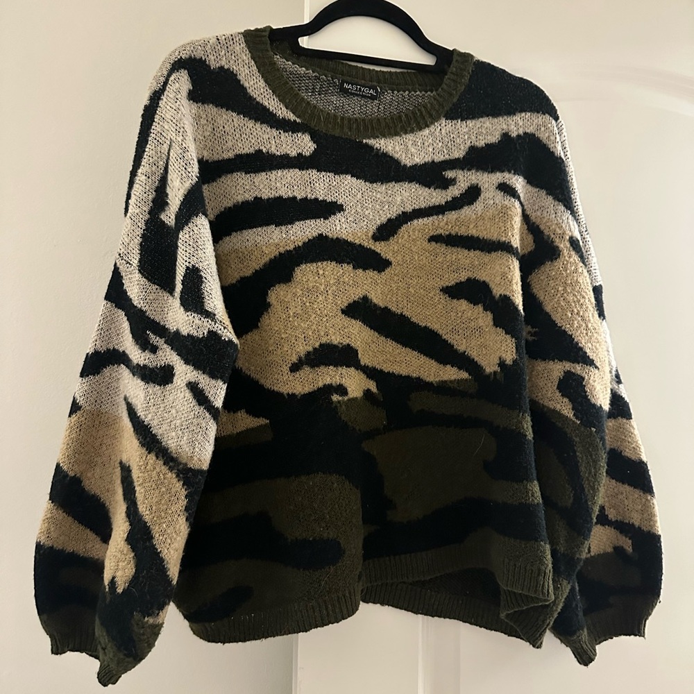 Nasty Gal Olive and Cream Camouflage Sweater